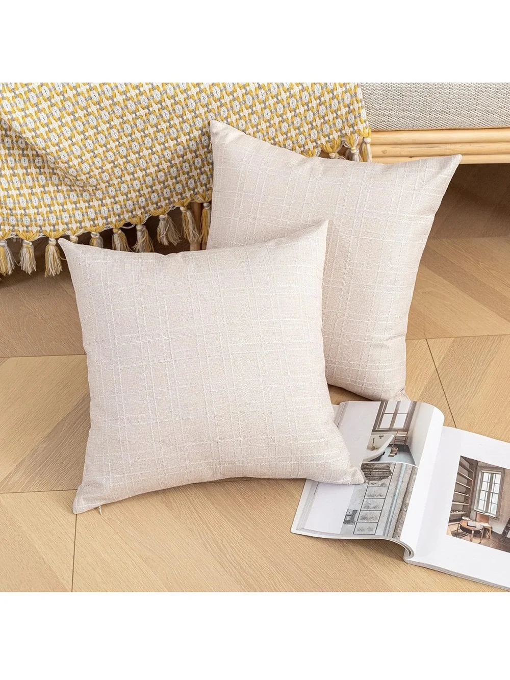 Outdoor Waterproof Pillow Covers Checkered Decorative  22x22 Inch Light Beige